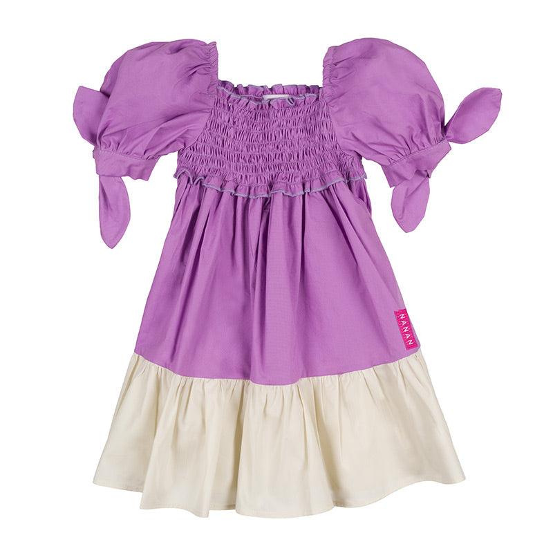 nanan-abito-lilla-punto-smock-bicolor-con-maniche-a-sbuffo image 1