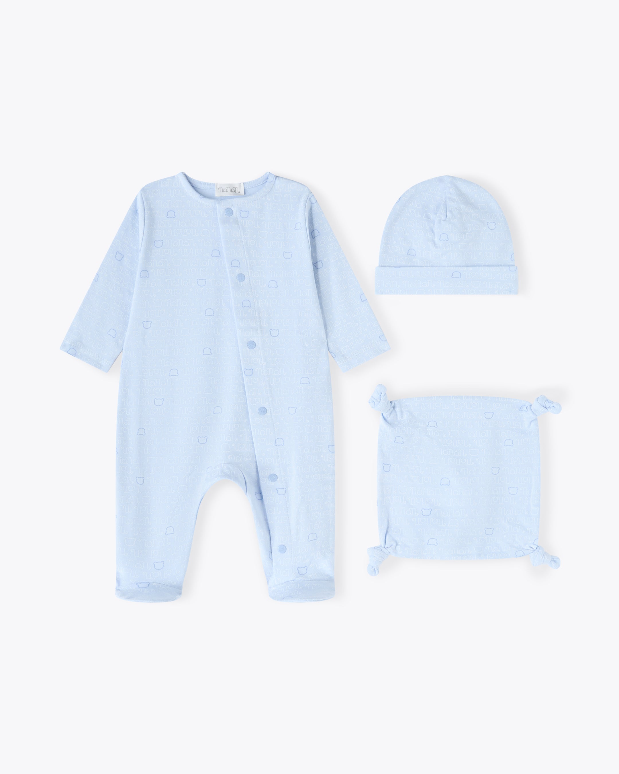nanan-set-nascita-3-pezzi-tutina-berretta-e-doudou-interlock-azzurra image 1