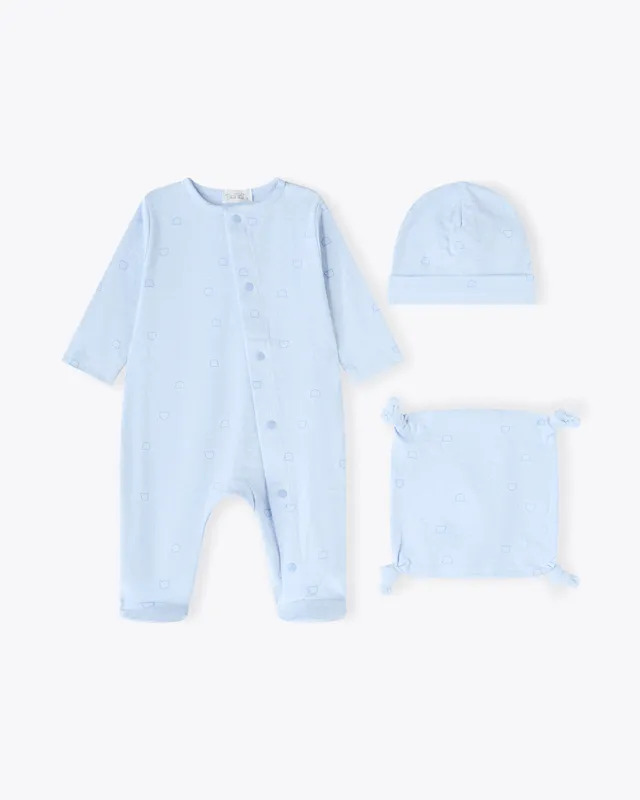 nanan-set-nascita-3-pezzi-tutina-berretta-e-doudou-interlock-azzurra image 1