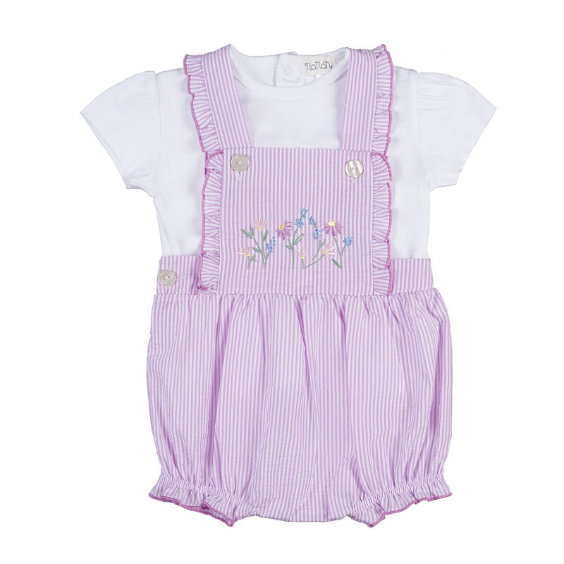 nanan-set-neonata-t-shirt-bianca-salopette-rigata-lilla-e-bianca image 1