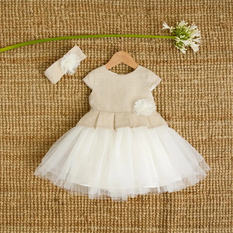nanan-abito-in-lino-beige-con-corpetto-e-fiore-made-in-italy image 1