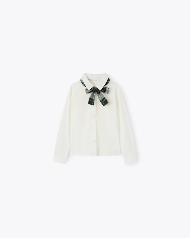 nanan-camicia-avorio-popeline-con-cravattina-scozzese-blu-verde image 1