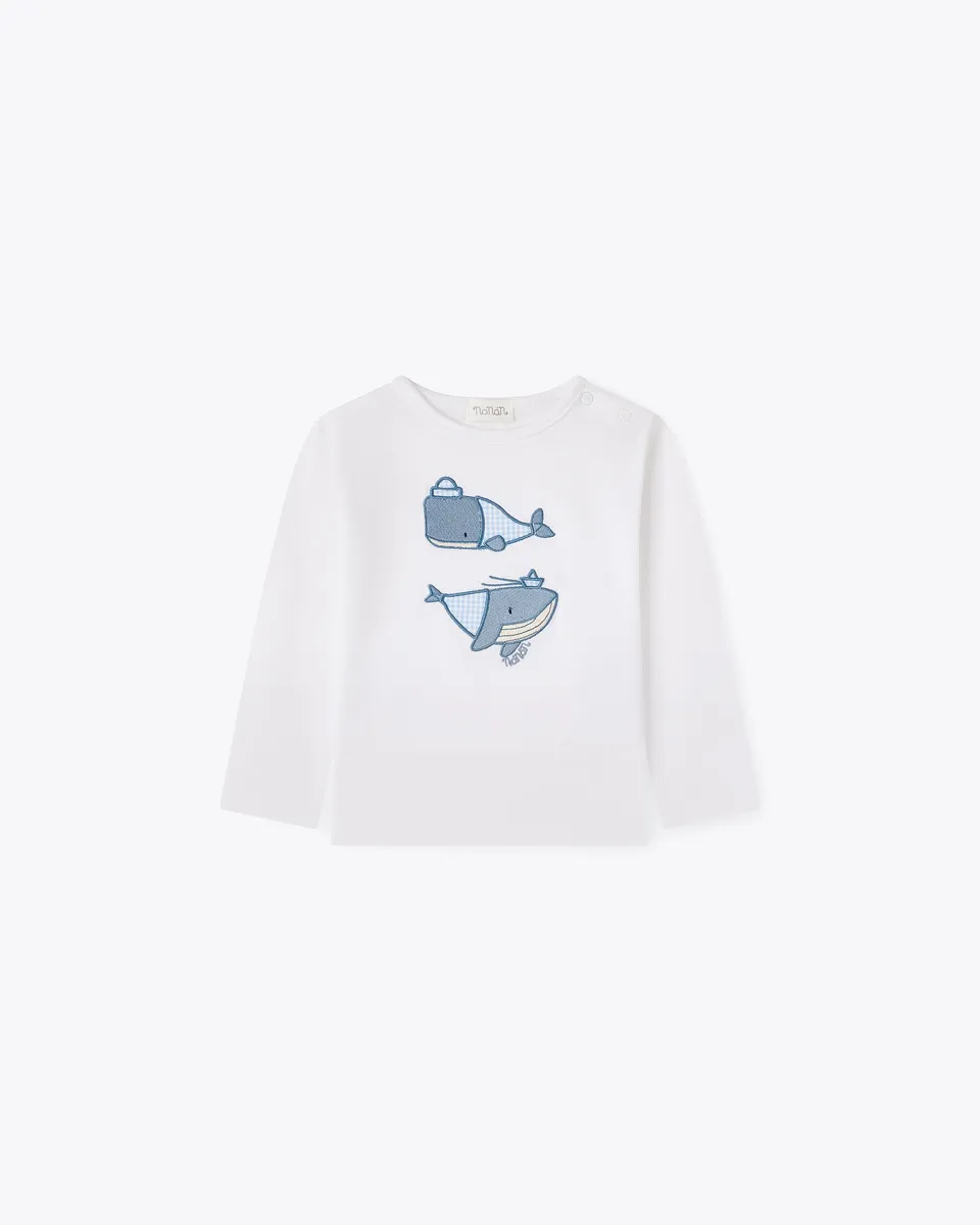 nanan-t-shirt-manica-lunga-jersey-bianca-ricamo-balena image 1