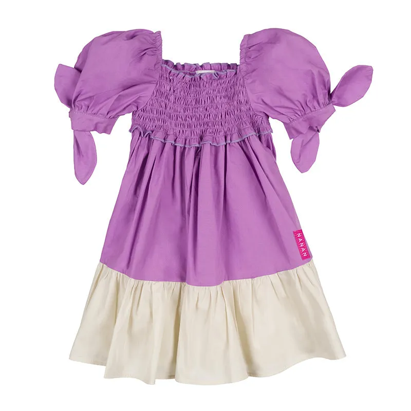 nanan-abito-lilla-punto-smock-bicolor-con-maniche-a-sbuffo image 1
