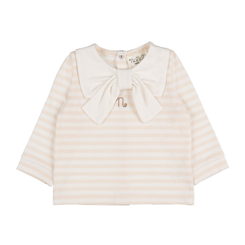nanan-tutina-due-pezzi-a-righe-beige-con-fiocco-e-pantalone-elasticato image 1